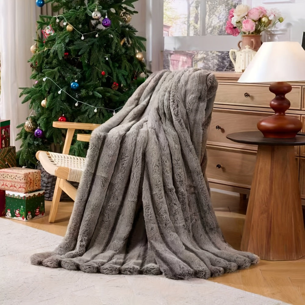 Double-Layer Faux Rabbit Fleece Blanket – 450-500gsm Thickened Soft Warm Throw for Bed, Couch & Travel, All Season, 3 Colors, 5 Sizes