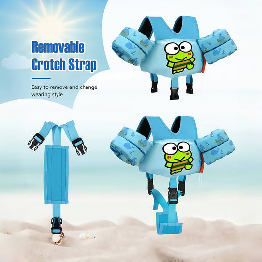 Kids Swim Vest with Adjustable Straps and Arm Floaties, Blue Keroppi Design, 20–66 lbs