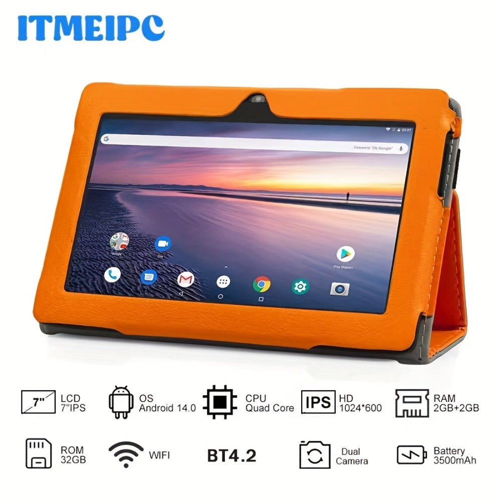 7 Inch Android 14 Tablet for Kids & Beginners – Quad-Core, 4GB RAM, 32GB ROM, HD IPS Display, Dual Camera, WiFi, USB-C, Built-in Case, Lightweight Portable Design, Perfect Gift for Children & Seniors