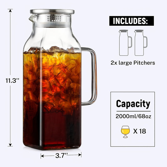 Square Borosilicate Glass Pitcher with Lid and Handle, 68 fl oz in 2, 6 or 12 Packs