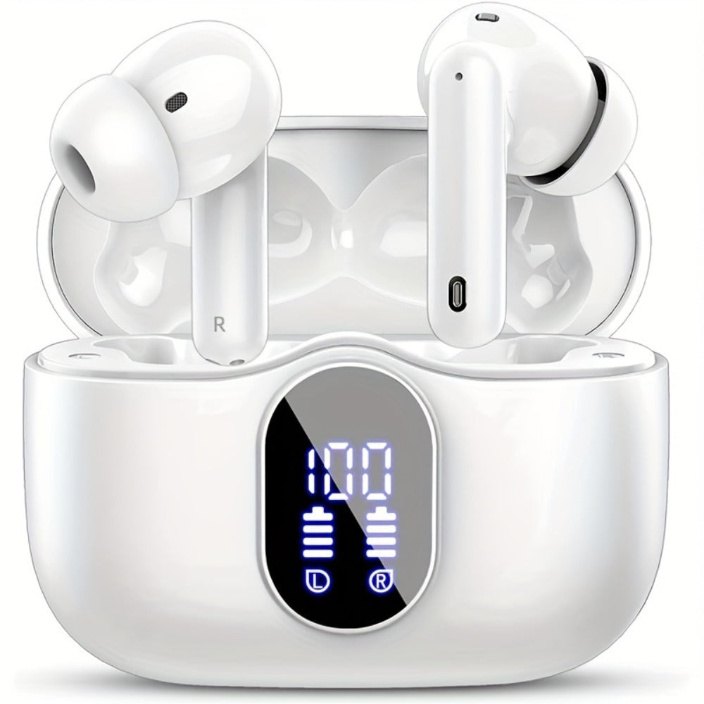 Bluetooth 5.3 Wireless Earbuds with Noise Cancelling Mic & LED Display, Deep Bass Stereo in-Ear Headphones, 36H Playback, Compatible with iPhone Android Laptop Tablet for Sports Gym Travel