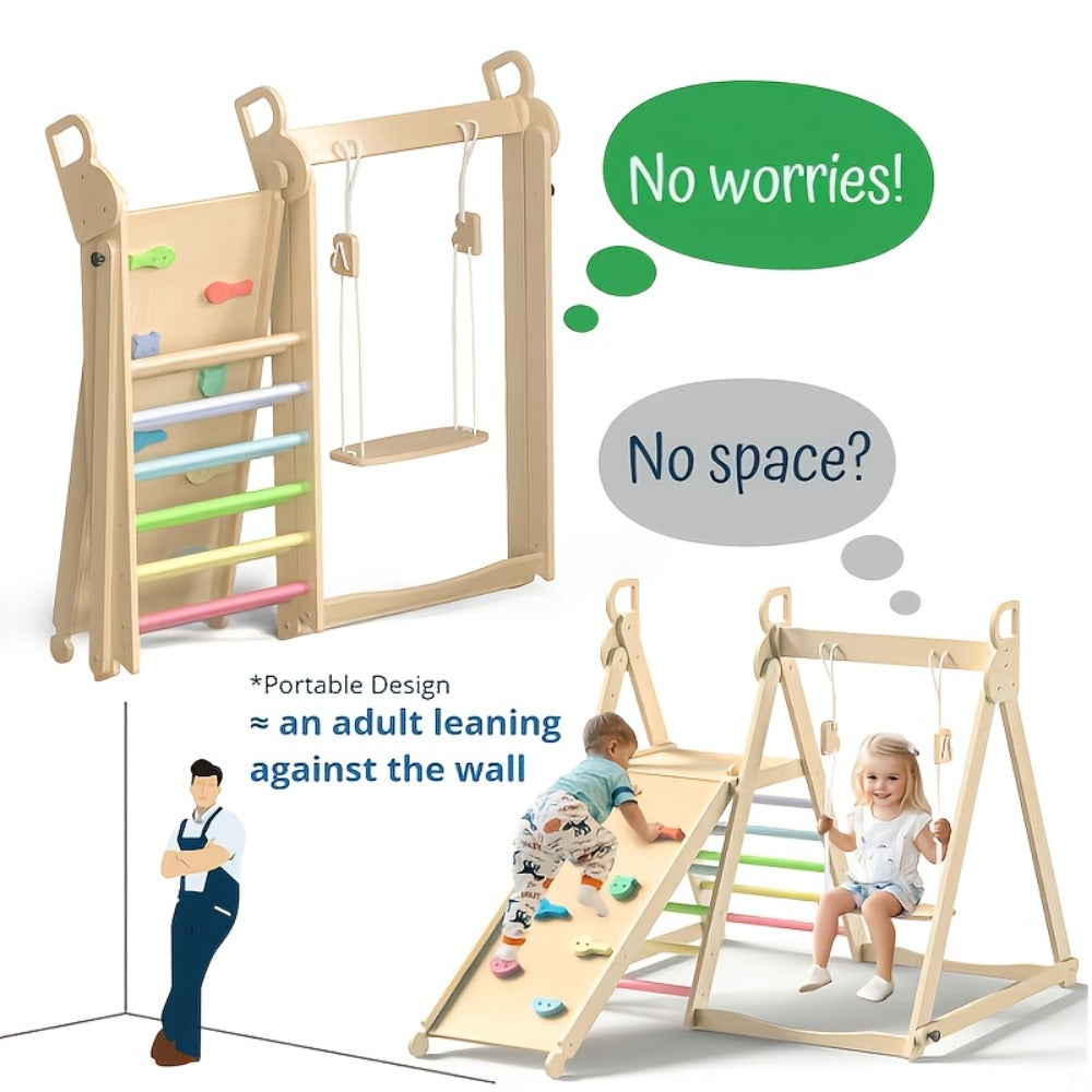 Foldable Indoor Wooden Jungle Gym for Toddlers – 4-in-1 Climbing Frame with Swing, Slide & Ladder | Ages 18M+ | Rainbow & Blue | Kids Indoor Playset for Cognitive Development & Active Play