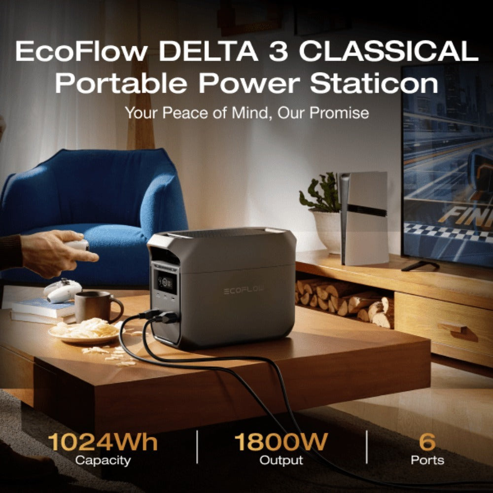 EcoFlow DELTA 3 1024Wh LiFePO4 Portable Power Station 1800W Output 60-Min Fast Charging Solar Generator with 30W GaN-C Charger for Home Backup Power Camping RV Emergency – App Control Storm Guard