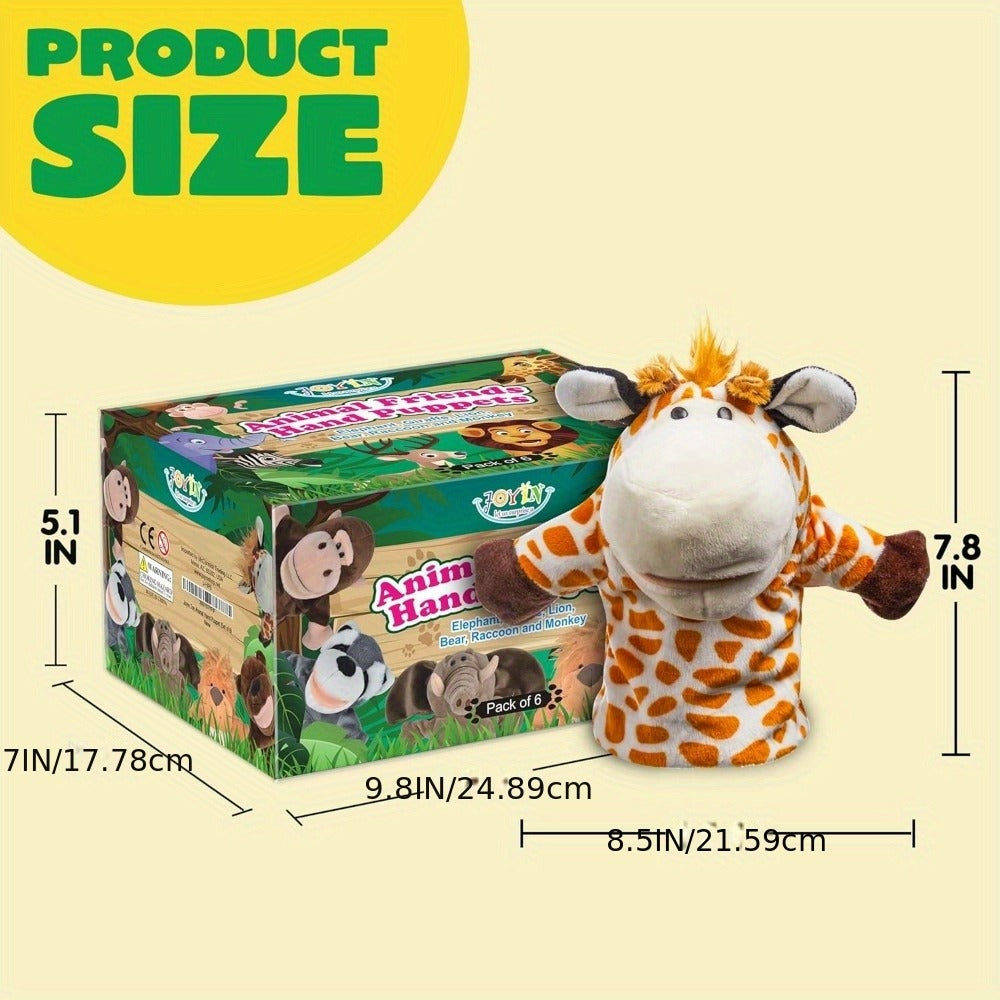 Animal Hand Puppets Set 6pcs Zoo Plush Puppets with Movable Mouths, Elephant Giraffe Lion Bear Raccoon Monkey, Storytelling Role Play Theater Toy for Kids Toddlers, Birthday Christmas Gift