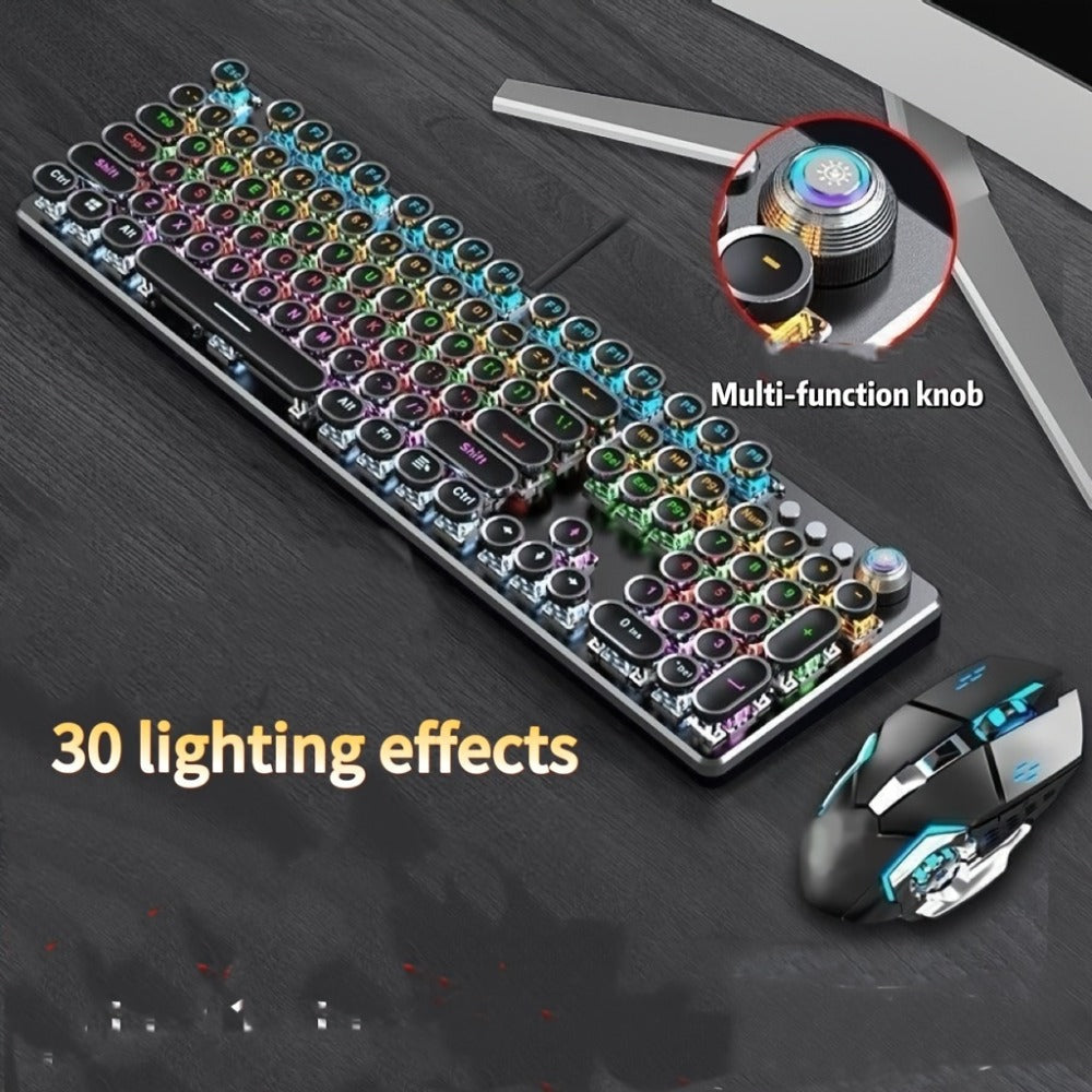 Typewriter Mechanical Keyboard with Green Switches – Retro Punk Style RGB Backlit Wired Gaming & Office Keyboard with Volume Knob, Compatible with PC Laptop Mac – Unique Gift for Her & Him