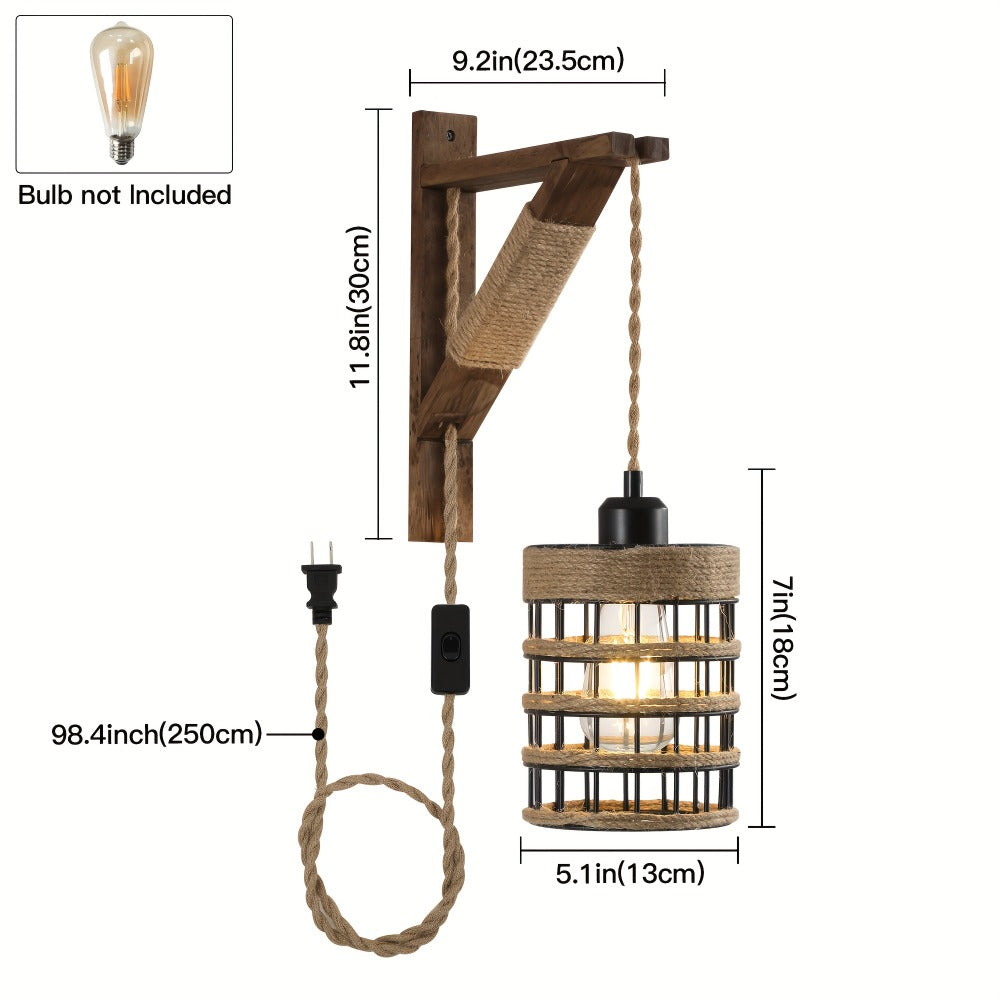 Plug In Wall Sconces Set of 2 or 1 – Rustic Farmhouse Wall Lamp with Metal Cage & Wooden Bracket, Plug-Into-Outlet Hanging Light for Bedroom, Living Room & Headboard