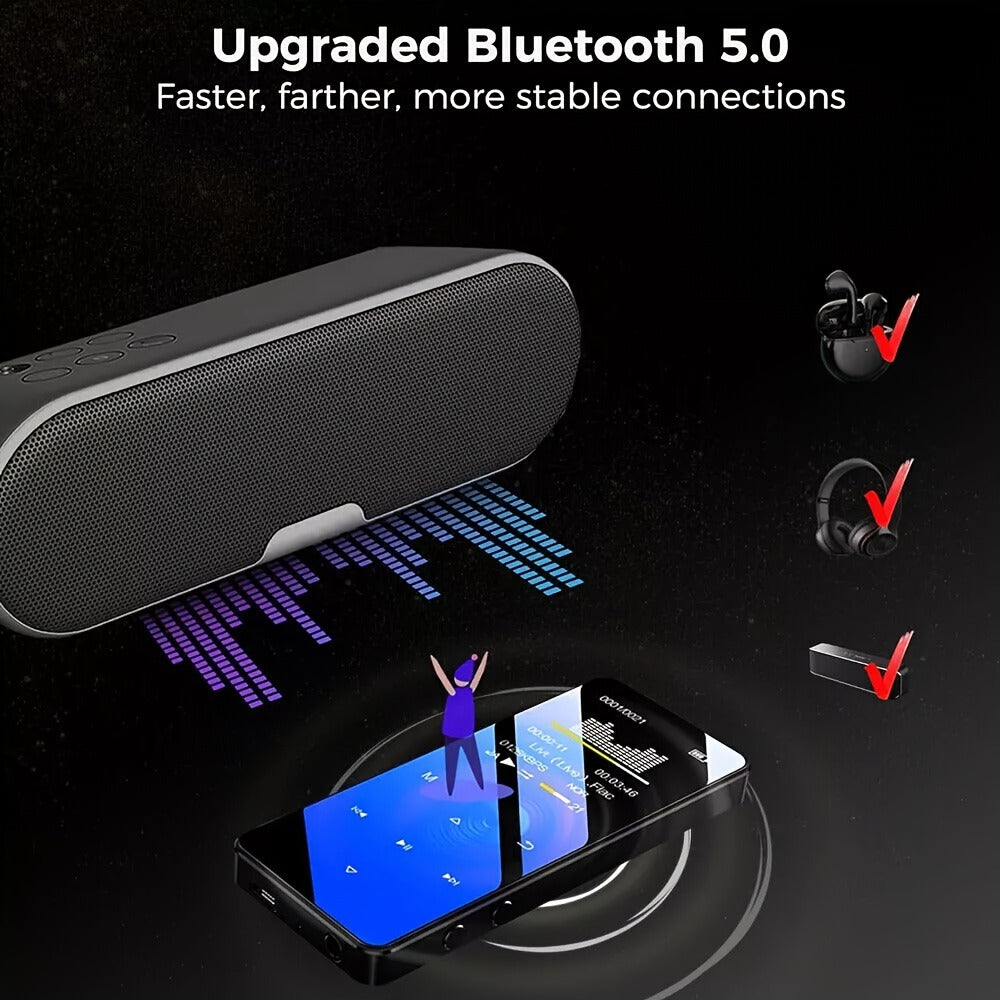 Bluetooth 5.0 MP3 Player with 128GB Support, Touch Screen, FM Radio, Lossless HiFi Music, 24-Hour Playback, Aluminum Alloy Body, Ideal for Running Sports Gym Workout Commute
