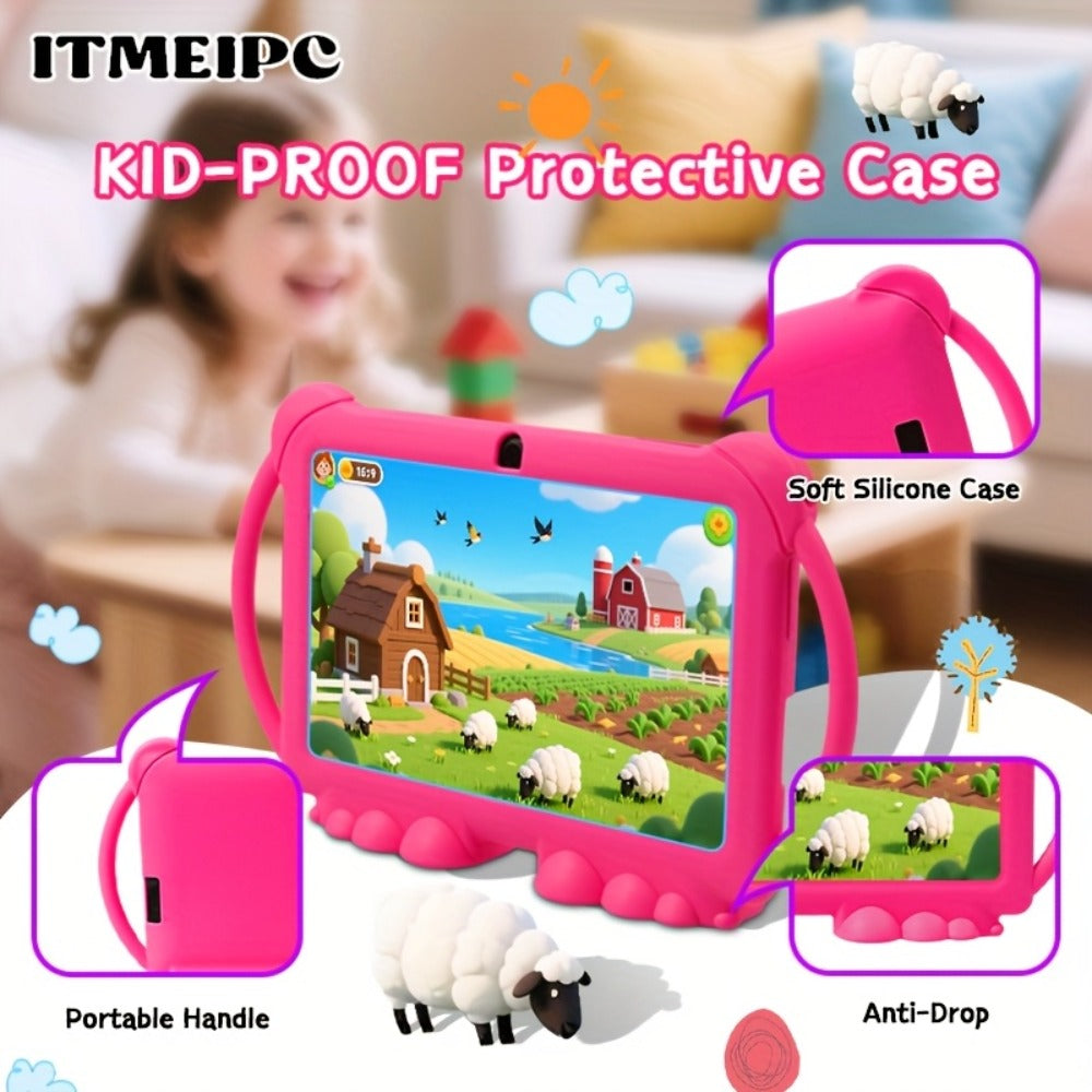 Android 14 Kids Tablet 7 Inch 2025 New Model 4GB RAM 32GB ROM WiFi 6 Dual Camera HD Screen Parental Control Pre-Installed Educational Apps Protective Case Type-C Student Learning Tablet – For Kids Toddlers