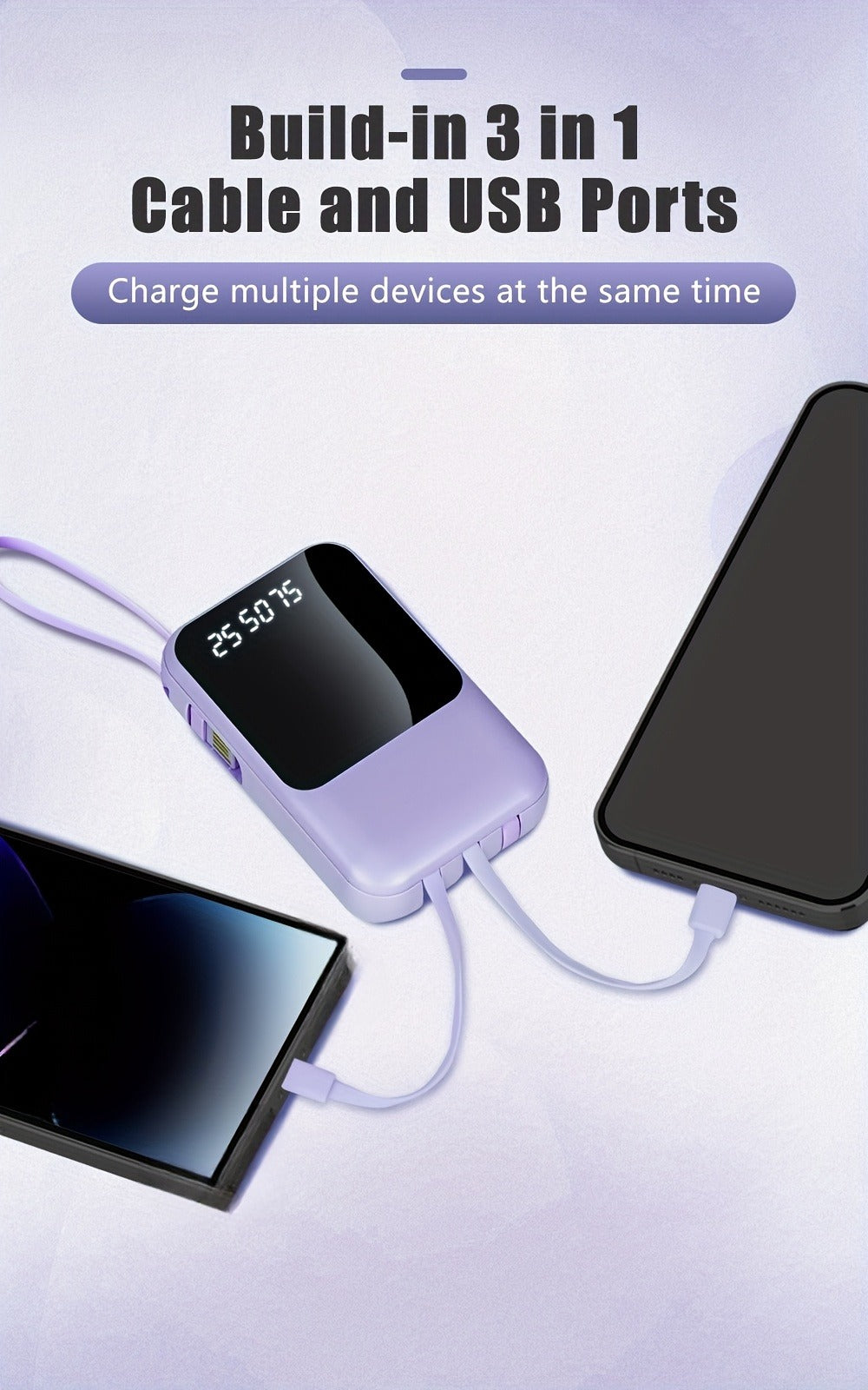 10000mAh Cute Cartoon Power Bank with 4 Built-In Cables & 22.5W Super Fast Charging - Portable Charger Dual LED Flashlight Compatible with iPhone Android USB-C, Travel Battery Pack Red Purple Black Yellow