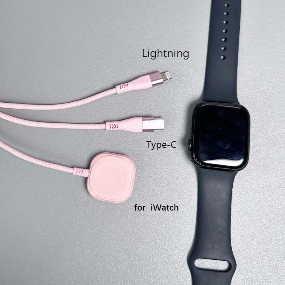 3 in 1 Charging Cable 6FT Nylon Braided USB-A to Lightning + Type-C + iWatch Magnetic Charger, Fast Charging for iPhone iPad AirPods Apple Watch Series 9 8 7 Ultra – Pink Multi Charging Cord