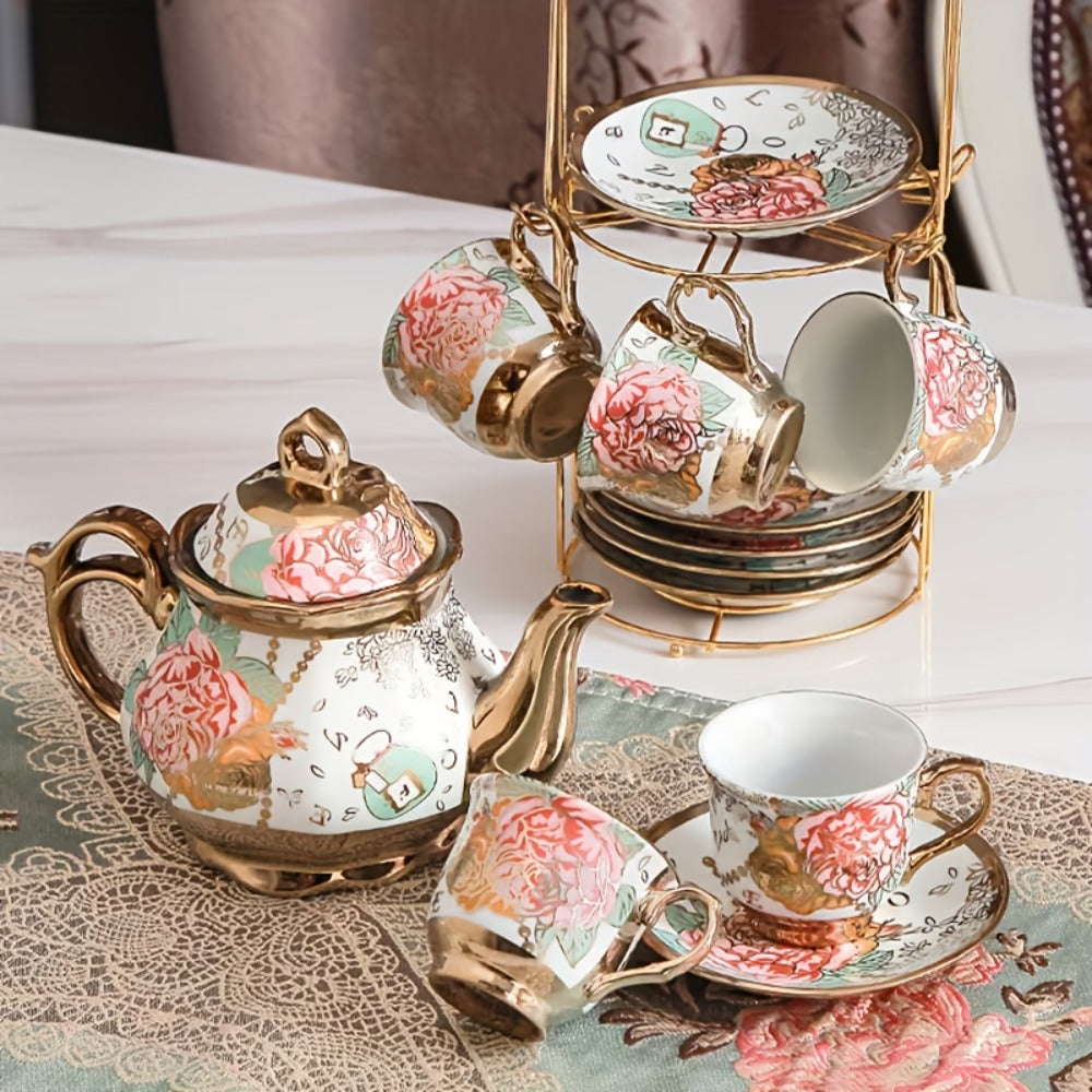 European Floral Ceramic Tea Set 20 Pcs – Italian Style Afternoon Tea Set with Metal Stand – Blooming Pattern Teapot & Cups – Elegant Gift for Tea Lovers & Special Occasions – Golden