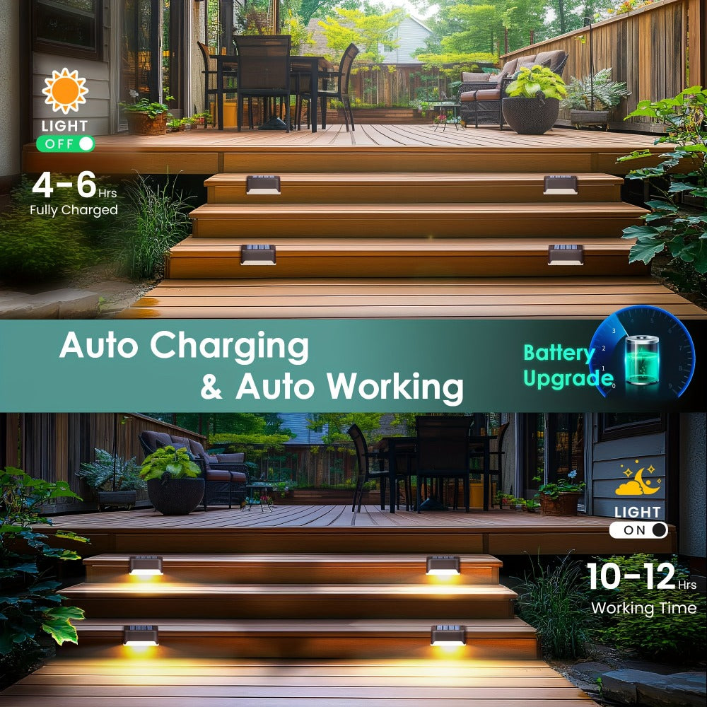 Solar Deck Lights Outdoor Waterproof Auto On Off – Warm White LED Step Stair Fence Lights 800mAh 12-Hour Runtime for Patio Balcony Yard Driveway Garden Black White Brown 8 16 32 Pack