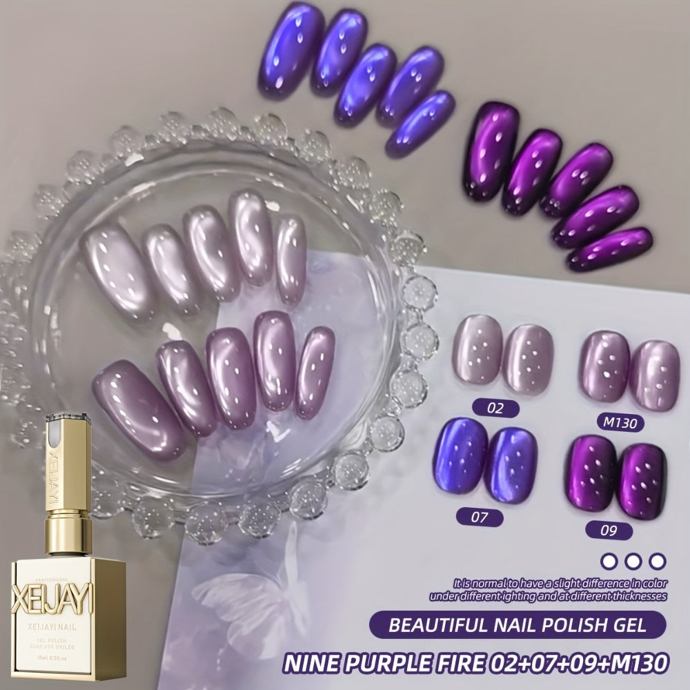 Cat Eye Gel Nail Polish Set 4pcs Purple Iridescent Glass Bead — Nine Purple Fire Aurora Shimmer UV LED Soak-Off Gel Polish for Women, Salon & Home DIY Nail Art Manicure Kit