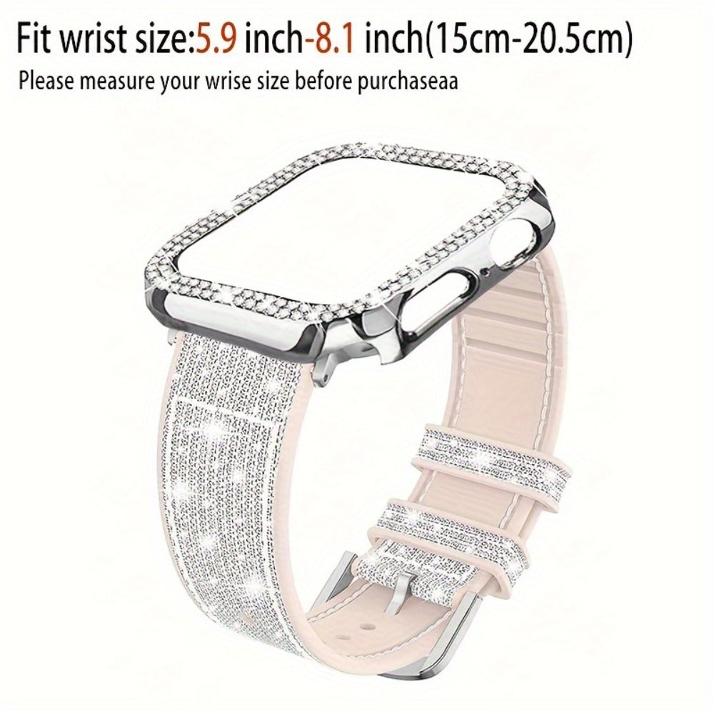 Apple Watch Band with Case Crystal Rhinestone Bling, Chameleon Color-Shift Strap + Shockproof Hard PC Cover, Compatible with Apple Watch Series 1-9 SE Ultra 38mm to 49mm S10 – Rose Gold Black Silver Women