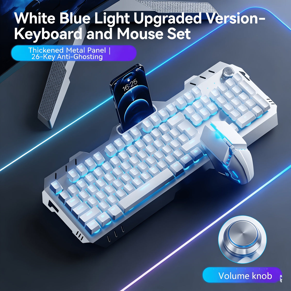 LED Backlit Wired Gaming Keyboard 104 Keys Full Size – Quiet Ergonomic Design, Adjustable Volume Knob, USB Powered, Compatible with Desktop and Laptop Computers, Office and Home Use