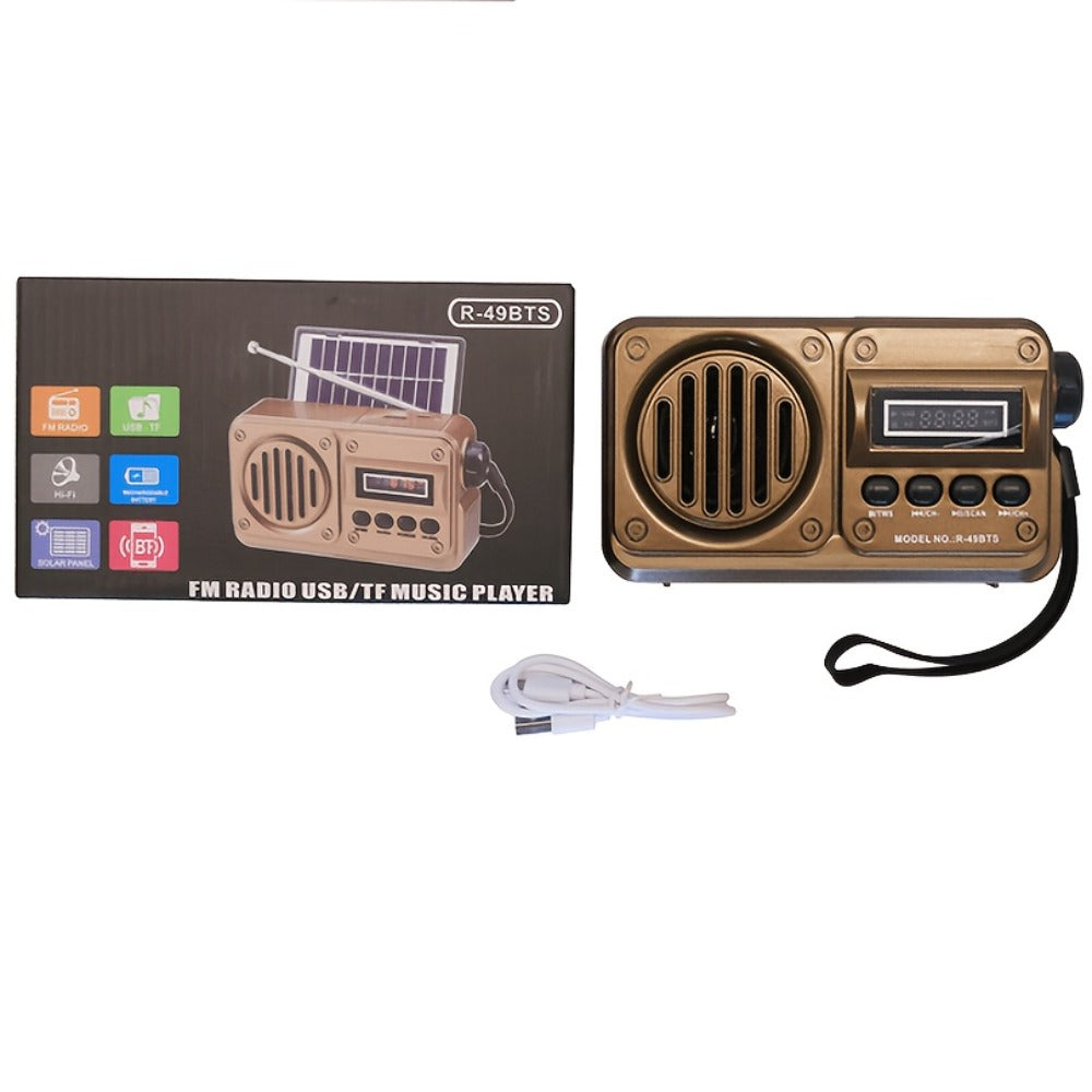FM Portable Radio R-49BTS Retro Solar Panel Bluetooth Speaker, USB TF Card Playback, Loud Digital Radio for Indoor Outdoor Travel Emergency Camping, Independence Day Gift