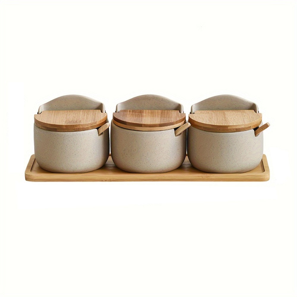 Ceramic Seasoning Pot Set with Lid & Spoon – Salt Pepper Spice Jar Container with Tray Kitchen Condiment Storage Organizer for Counter Cooking Accessories Housewarming Gift