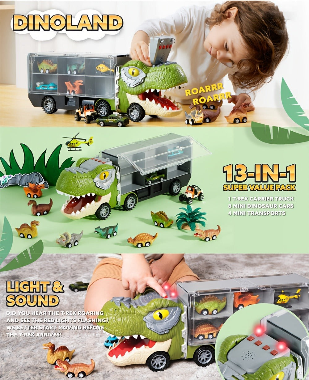 Dinosaur Truck Toy Set, 13-Piece Carrier with Mini Cars and Helicopter