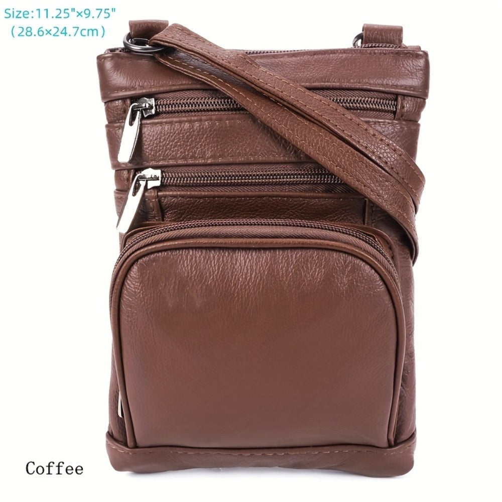 Genuine Leather Shoulder Bag for Women Men Soft First-Layer Cowhide Crossbody Bag Multi-Pocket Messenger Bag 3 Sizes Fits Smartphone Tablet Daily Work Travel – Black Red Brown Navy