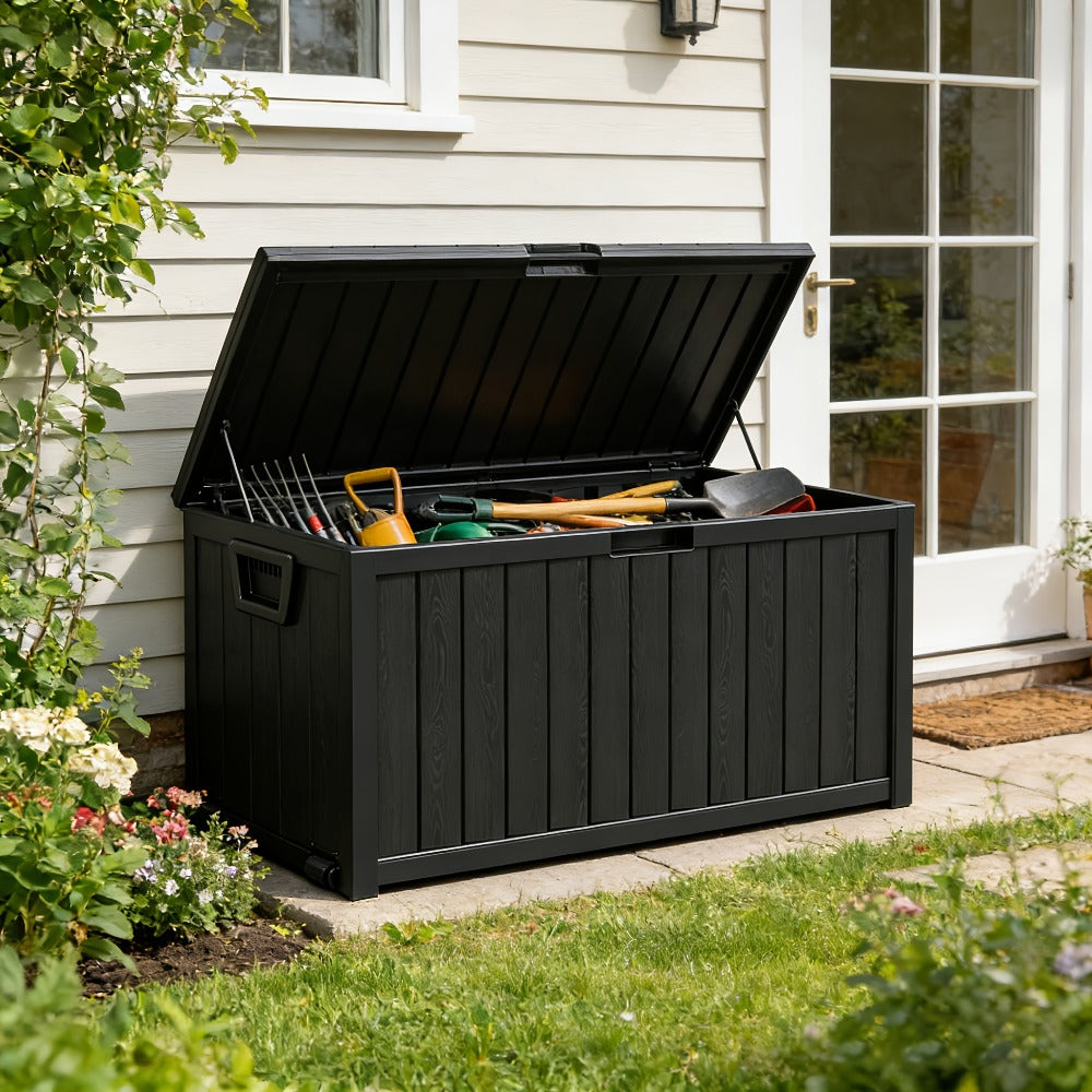 Waterproof Deck Box Outdoor Storage Cabinet 35/75 Gallon – Enhanced Version with Handles & Wheels | Large Patio Storage Box for Pool Accessories, Garden Tools & Outdoor Gear | Easy Assembly Lockable