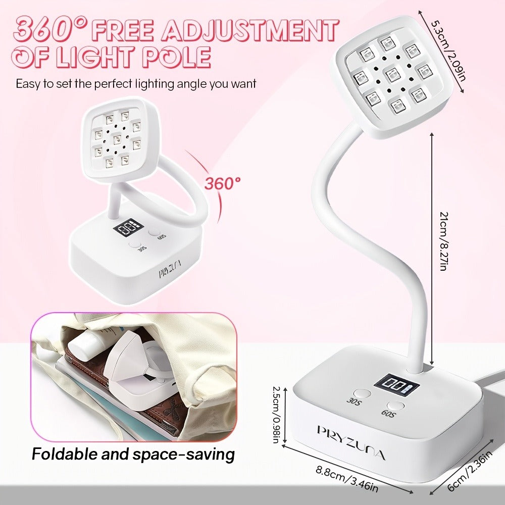 Gooseneck LED Nail Lamp 360° Flexible Portable USB Rechargeable Gel Nail Dryer Auto Sensor LCD Display 2 Timer Settings 9-Bead Dual Light Quick Dry for Home Salon Gel Polish Nail Art White