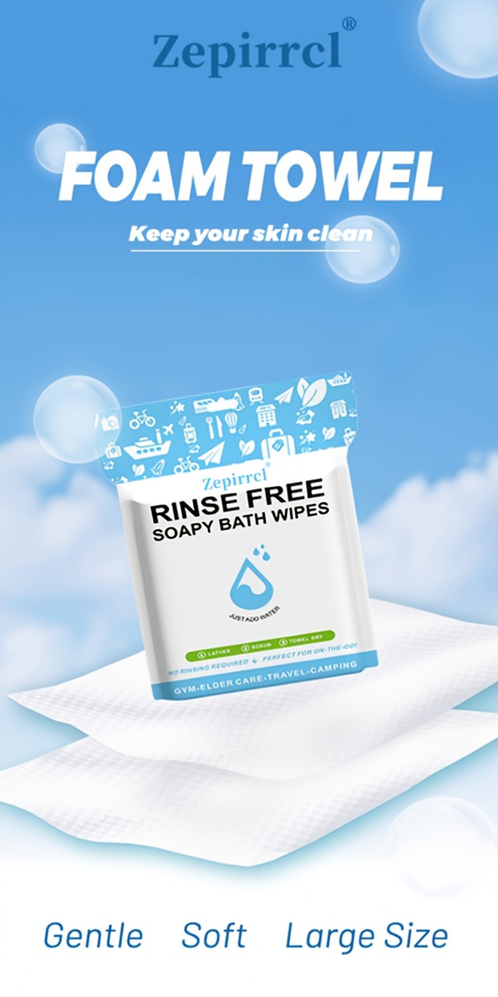 Disposable No-Rinse Soap Towel Sheets for Travel Camping Gym - Portable Foam Bath Towel Sensitive Skin Safe Wet Lather Dry All-In-One Body Wash Towel 25/50/100/250pcs