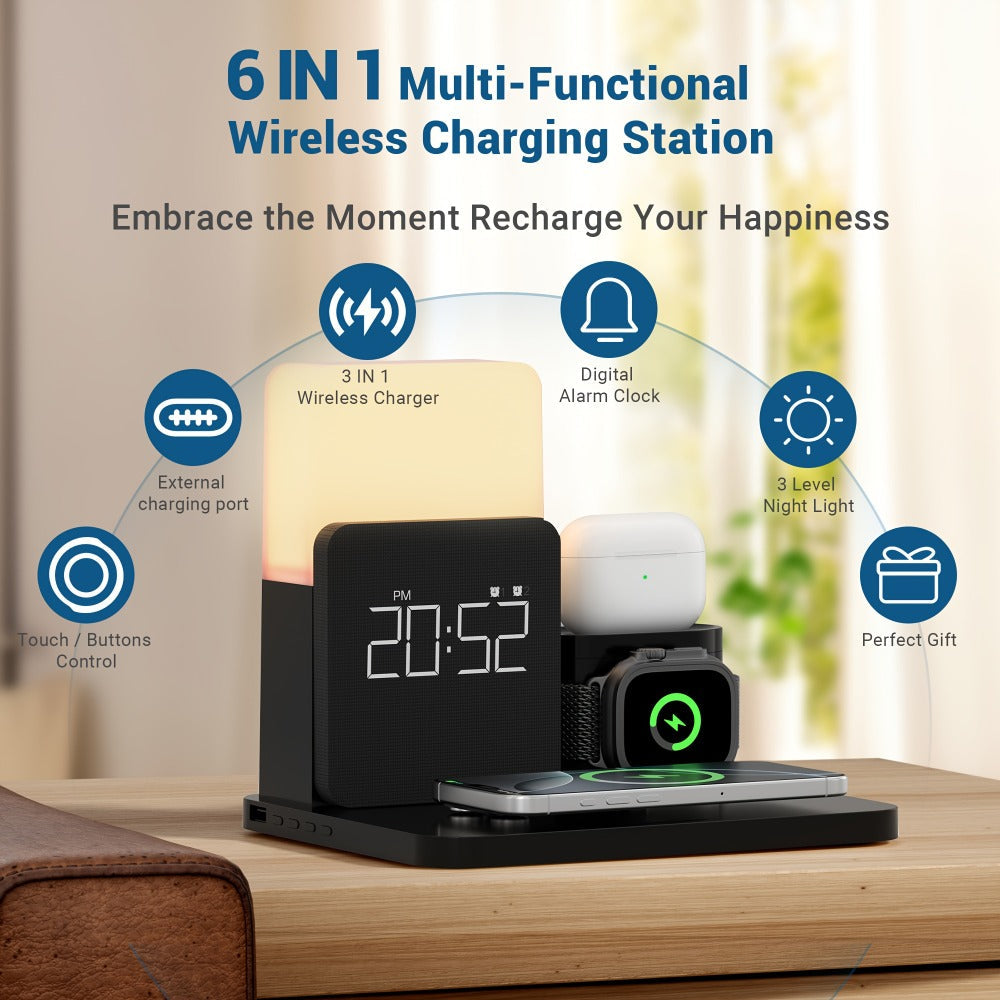 Alarm Clock 3-in-1 Wireless Charging Station with Clock Display – Bedside Charging Dock for iPhone 16 15 14 13 12 & Samsung Galaxy, Charges Phone Watch & Earbuds Simultaneously | Black White Gray