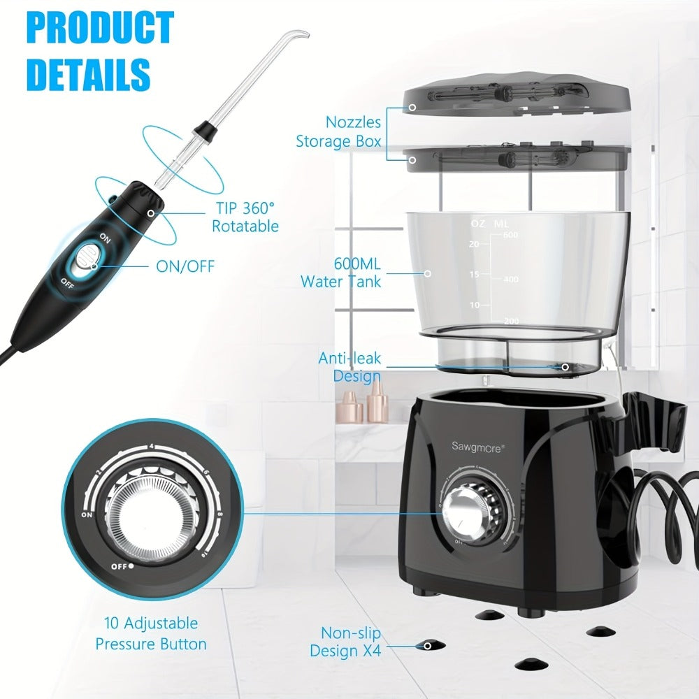 Water Flosser for Teeth & Braces 600ml Large Tank – 10 Adjustable Pressure Levels 8 Nozzles IPX4 Waterproof Professional Oral Irrigator Desktop Electric Dental Flosser for Adults Family