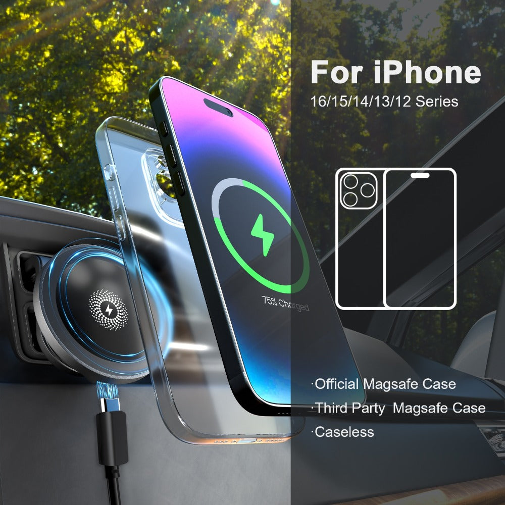 Magnetic Car Mount Wireless Charger 15W Fast Charging 360° Rotation Dashboard Phone Holder for iPhone 17 Air 16 15 14 13 12 Pro Max, Samsung Galaxy S24 S23 Android – Black White