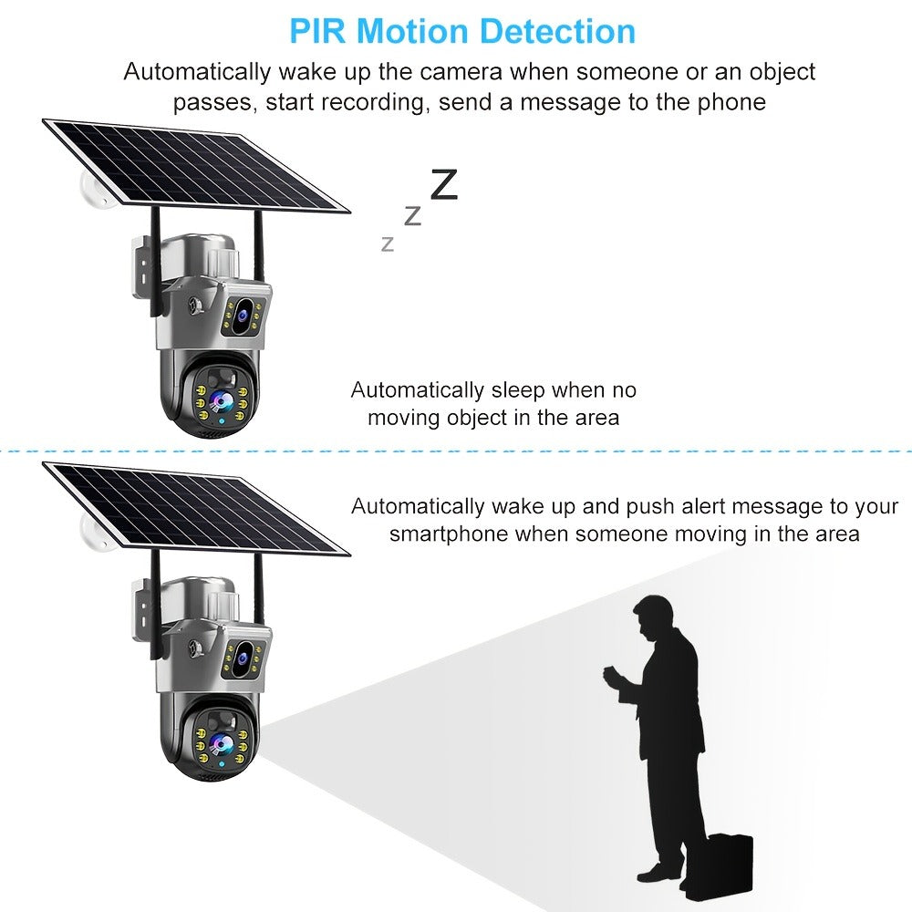 Solar Powered Wireless Security Camera Outdoor 360° PTZ WiFi Surveillance Cam Dual Lens Full Color Night Vision 4G Remote View No Dead Angle with TF Card & Cloud Storage