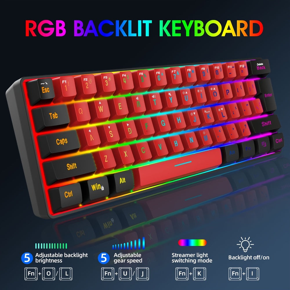 60% Mini Wired Gaming Keyboard SNPURDIRI RGB Backlit Ultra-Compact Film Keys – Space-Saving Tenkeyless Design for PC Gamers, Desktop & Laptop, Black Red Color Options