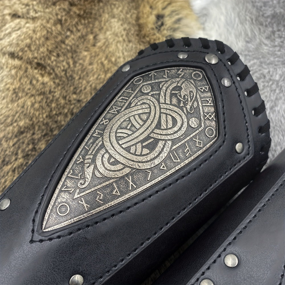 Viking Snake Wrist Guards 2-Pack Medieval Norse Leather Bracers, Nordic Retro Cosplay Props for Halloween LARP Renaissance Faire Costume Accessory, Black & Coffee
