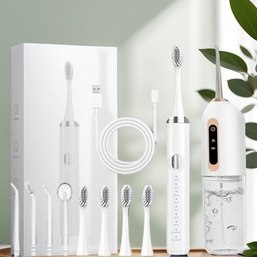 Electric Toothbrush Water Flosser Combo Set – 3 Modes USB Rechargeable Oral Care Kit with 4 Brush Heads & 4 Nozzles, 360° Rotating Flosser for Deep Clean & Gum Care