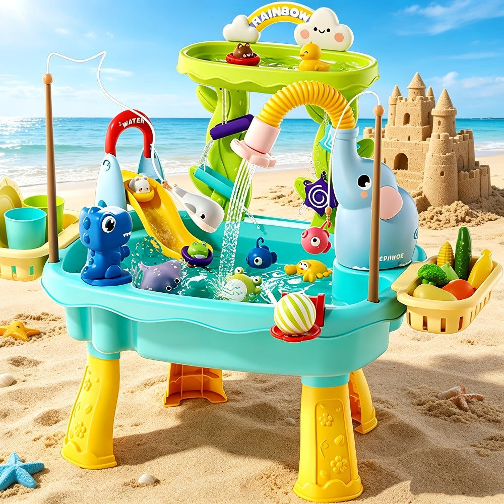 Kids Water Table Toy with Electric Pump & Faucet, Play Food & Fishing Toy in Blue or Pink