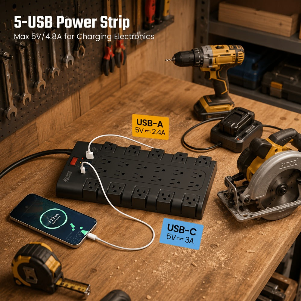 Gaming Room Surge Protector Power Strip 28-in-1 with 22 AC Outlets 6 USB Ports 24W 2100 Joules 1875W 15A Flat Plug Wall Mount Switch 5 7 13ft Extension Cord for Home Office Dorm Gaming Setup – Black