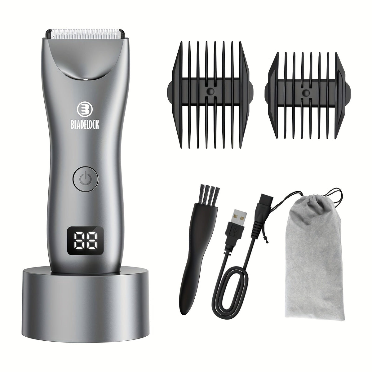 Manscaping Trimmer for Men IPX7 Waterproof Electric Groin & Ball Trimmer Ceramic Blades LCD Battery Display Replaceable Head - Body Hair Shaver Groomer Black Grey