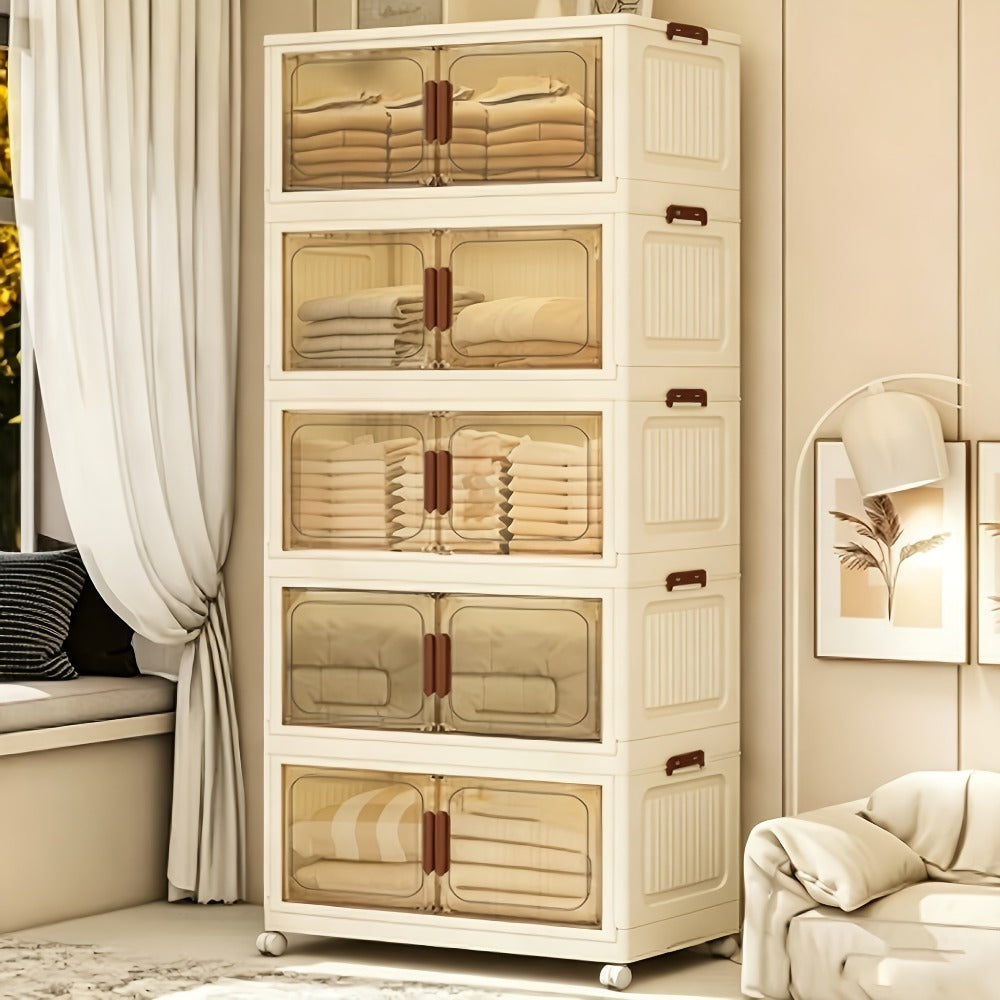 Foldable Storage Cabinet with Door – Multi-Layer Stackable Storage Box for Shoes, Clothes & Books | Large Closet Organizer for Bedroom, Bathroom, Kitchen, Office & Wardrobe