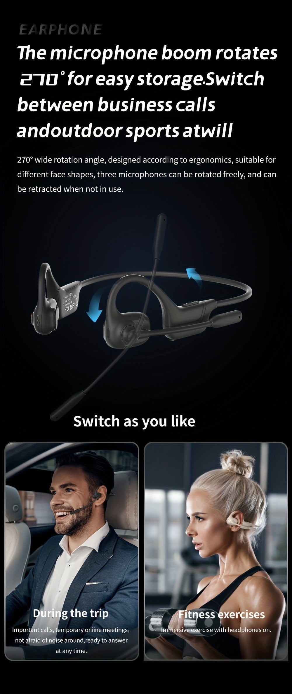 Open-Air Conduction Wireless Business Earphones Dual ENC Noise Canceling Microphones 10H Playtime for Calls Work Driving Online Meetings Outdoor Cycling Cream Black