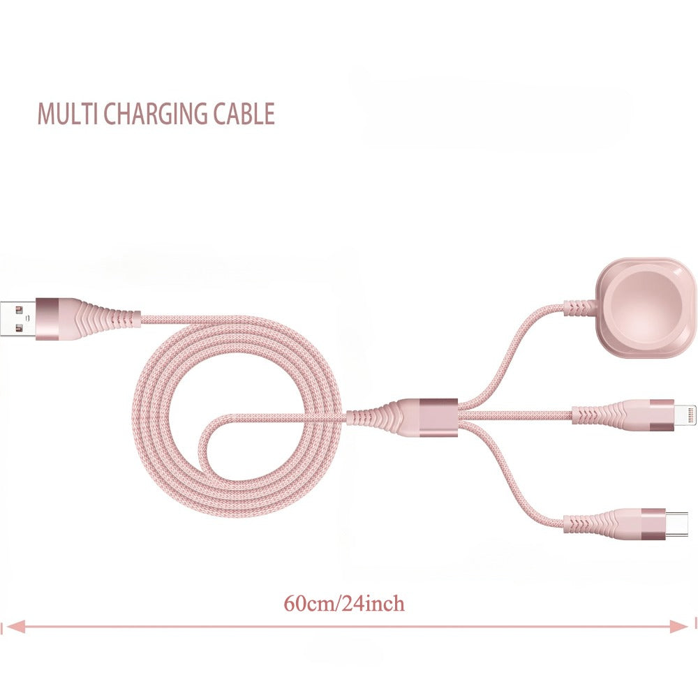 3 in 1 Travel Charging Cable 24 Inch Nylon Braided, Lightning + Type-C + iWatch Magnetic Wireless Charger, Compact Portable Multi Charging Cord for iPhone iPad Android Apple Watch – Pink Short Cable