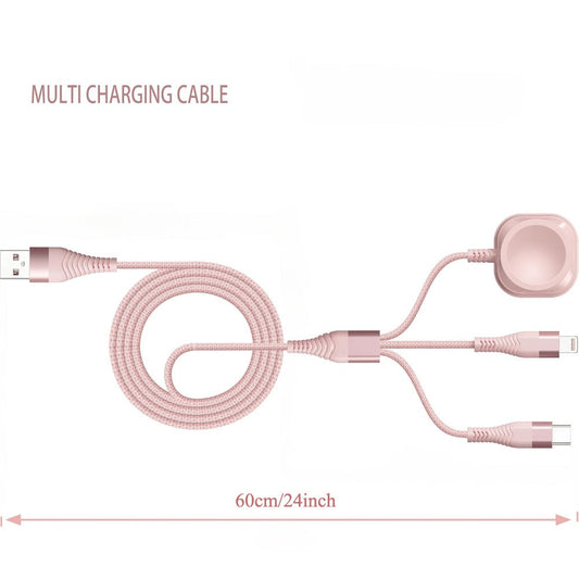 3-in-1 Travel Charging Cable, Pink Nylon Braid with Lightning, USB-C and Magnetic Watch Charger