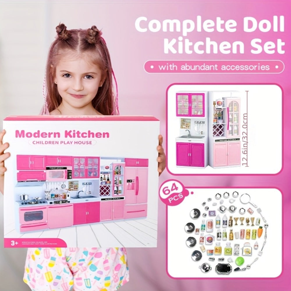 Pink Mini Kitchen Toy Set, 64-Piece Pretend Play with Lights and Sounds