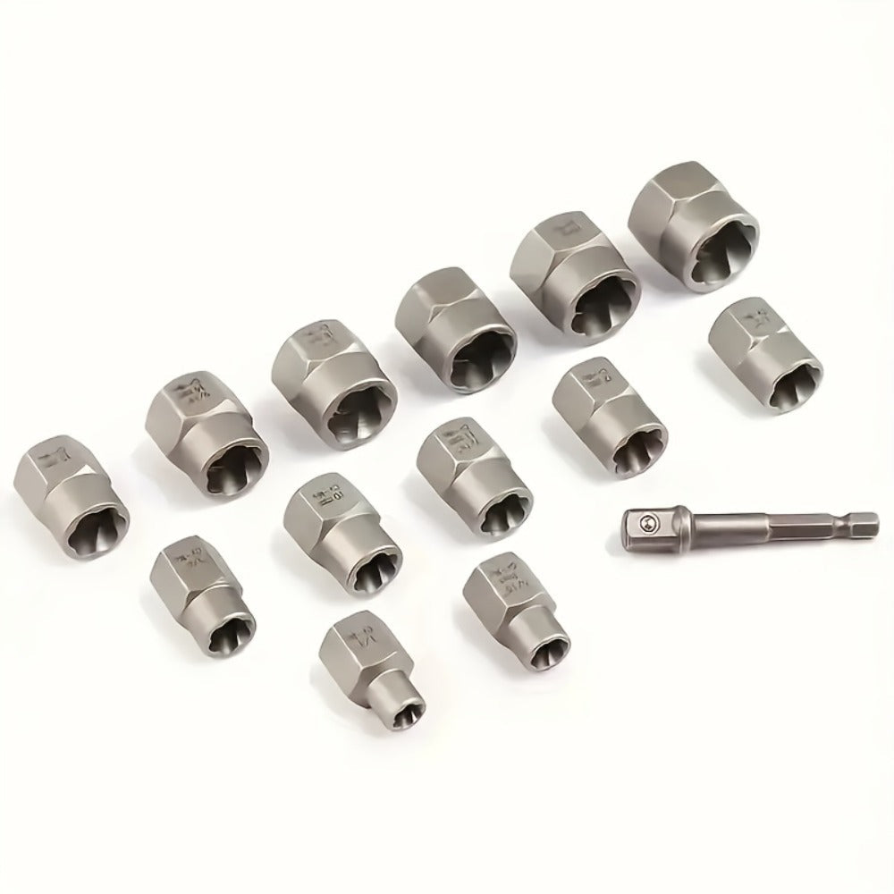 Nut Extractor Kit 14pcs, Damaged Bolt & Nut Remover Set with 13 Stripped Nut Extractors & 1 Hex Socket Adapter, 1/4" to 3/8" Drive Lug Nut Removal Tool for Construction, Auto & Home Repair