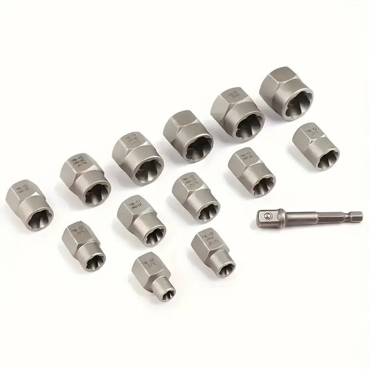 Nut and Bolt Extractor Set, 14-Piece with Spiral Flutes and Hex Socket Adapter