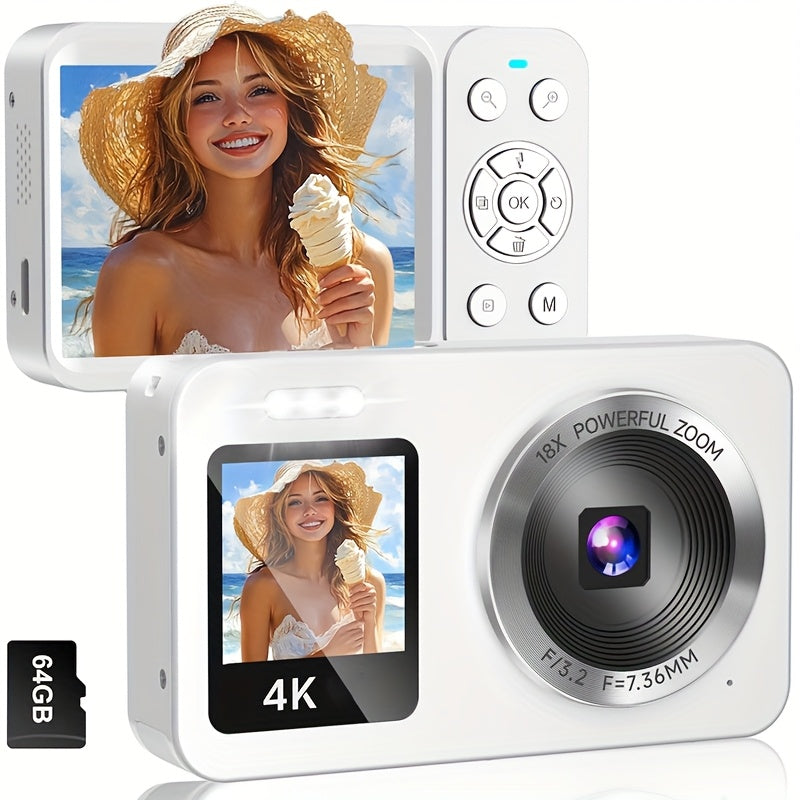 4K Dual Screen Digital Camera 18X Zoom Vlogging Camera with Anti-Shake 64GB Card & 2 Batteries – Selfie Point and Shoot Camera Gift for Friends Family