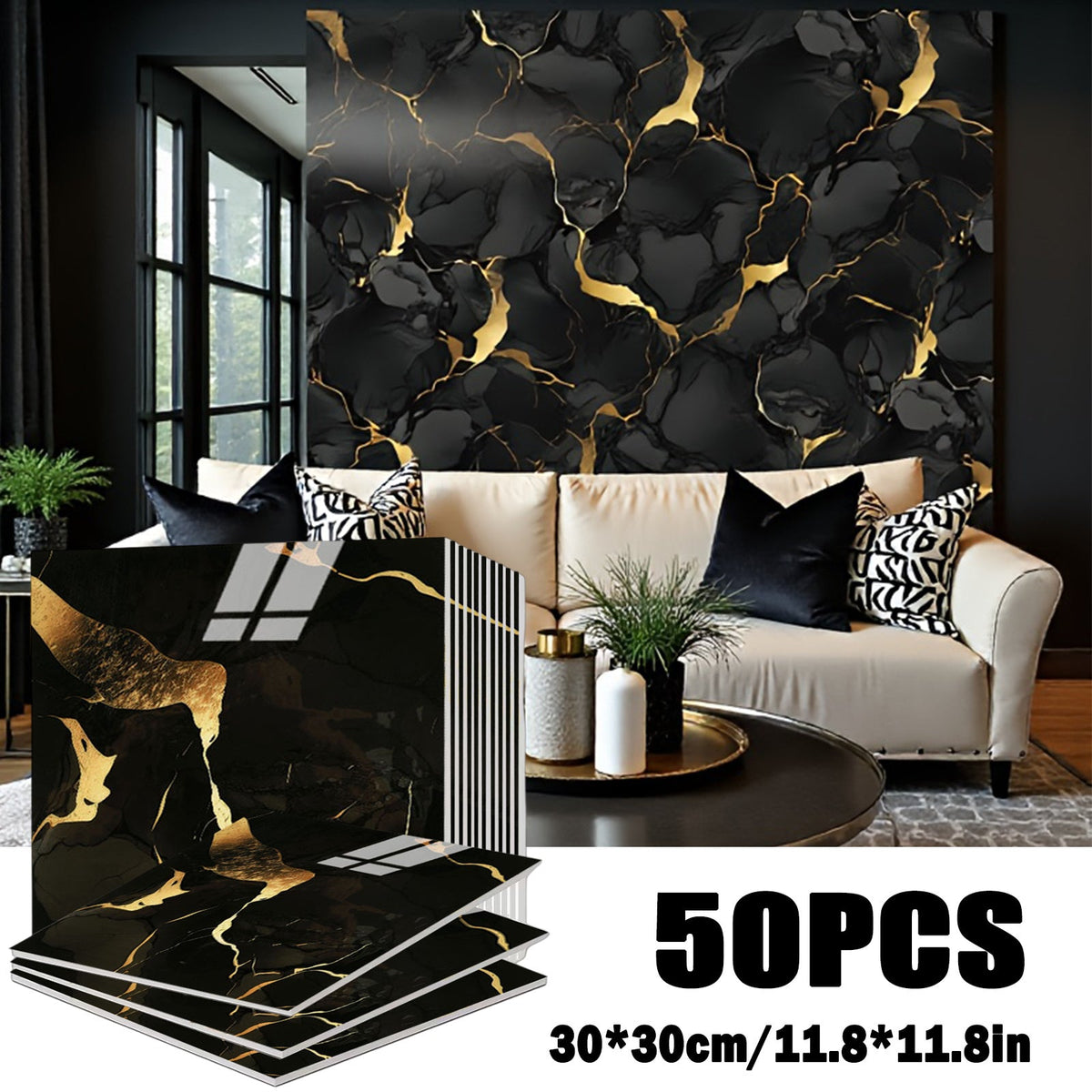 Self-Adhesive Marble Tile Stickers 11.8x11.8in Peel and Stick Wall Tiles for Bathroom Kitchen Backsplash – Waterproof 3D Glossy Imitation Marble Wall Panel, Easy to Install, 50 or 100 Pack