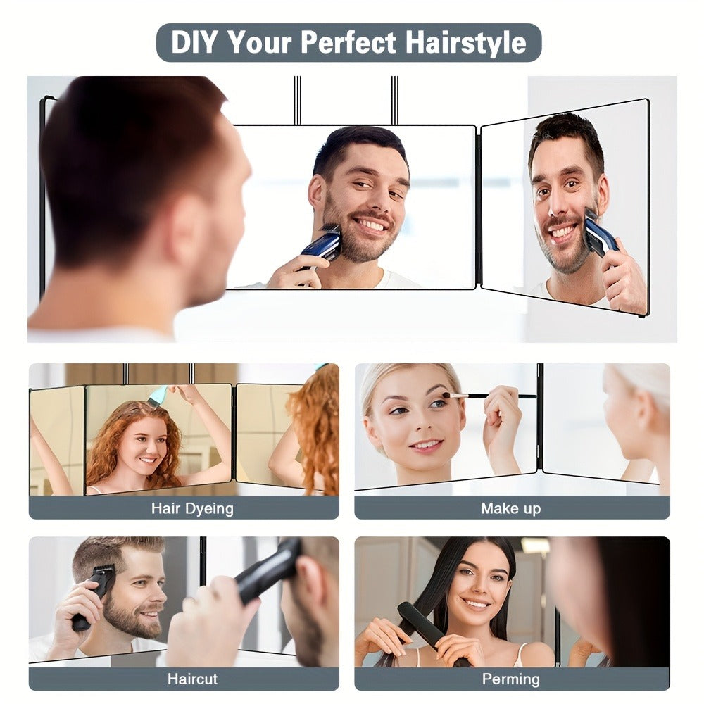 360° LED Self Hair Cutting Mirror – Anti-Fog HD Glass, Touch Dimming LED Light, USB Rechargeable 1500mAh, Door/Wall/Table Mount, DIY Home Barber Mirror for Men & Women