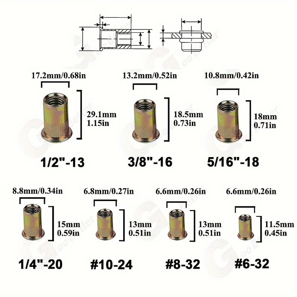 860pcs Rivet Nut Kit SAE UNC Assortment – Zinc Plated Carbon Steel Flat Head Insert Threaded Nuts 7 Sizes with Case for Auto Furniture & Industrial Projects