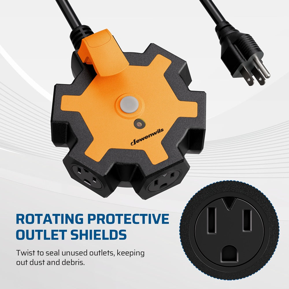 Industrial Power Strip 5-Outlet 15ft Heavy Duty Extension Cord 14/3 AWG SJTW Circuit Breaker Swivel Safety Covers for Garage Workshop Workbench