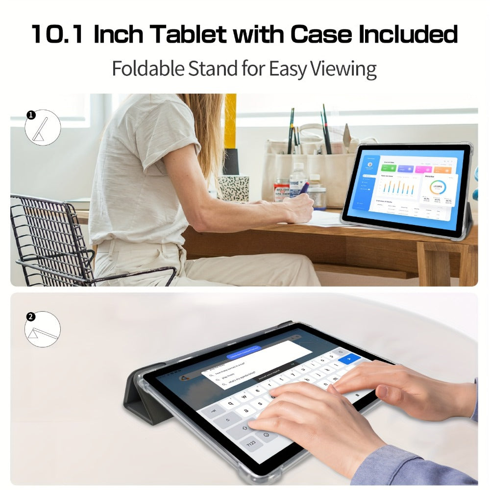 VASOUN 10.1 Inch Android 14 Tablet with Case | 12GB RAM 128GB ROM, 8000mAh Battery, Octa-Core T606, SIM Card Slots, Dual Camera, IPS HD Display, Wi-Fi, Phone Tablet PC for Home Travel Work