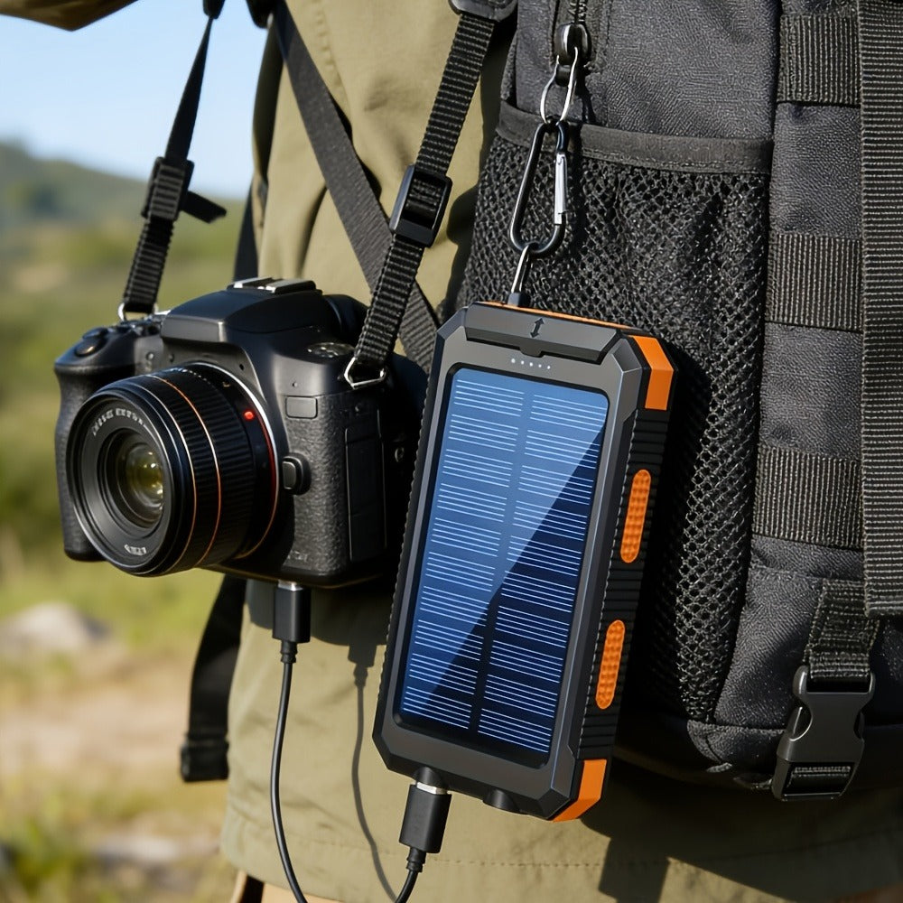 29800mAh Solar Power Bank with Compass & Dual LED Flashlight – Outdoor Camping Portable Charger, Dual USB 5V Output, SOS Emergency Battery Pack for Cell Phones & Mobile Devices, Black/Orange